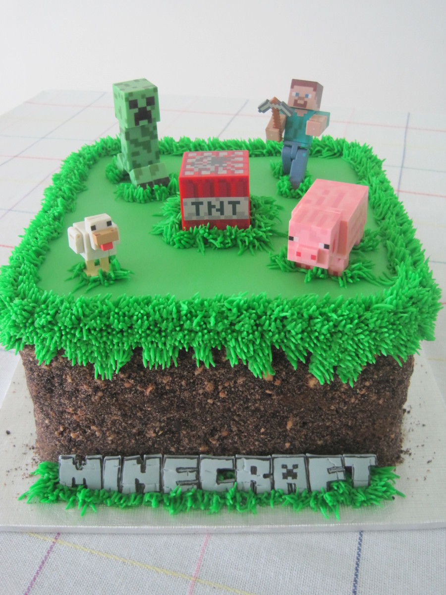 Minecraft Grass Block Birthday Cake For My Nephew Oreo And Teddy Graham Crumbs For The Sidesdirt Fondant Lettering on Cake Central
