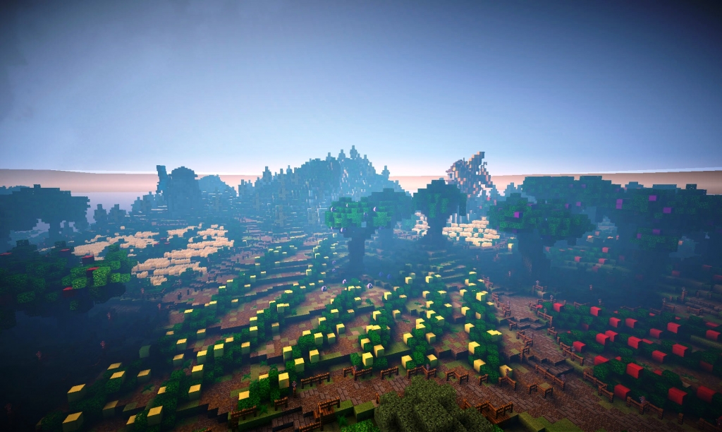 PETA's Minecraft island has an abundance of farm land for growing fruits and vegetables.